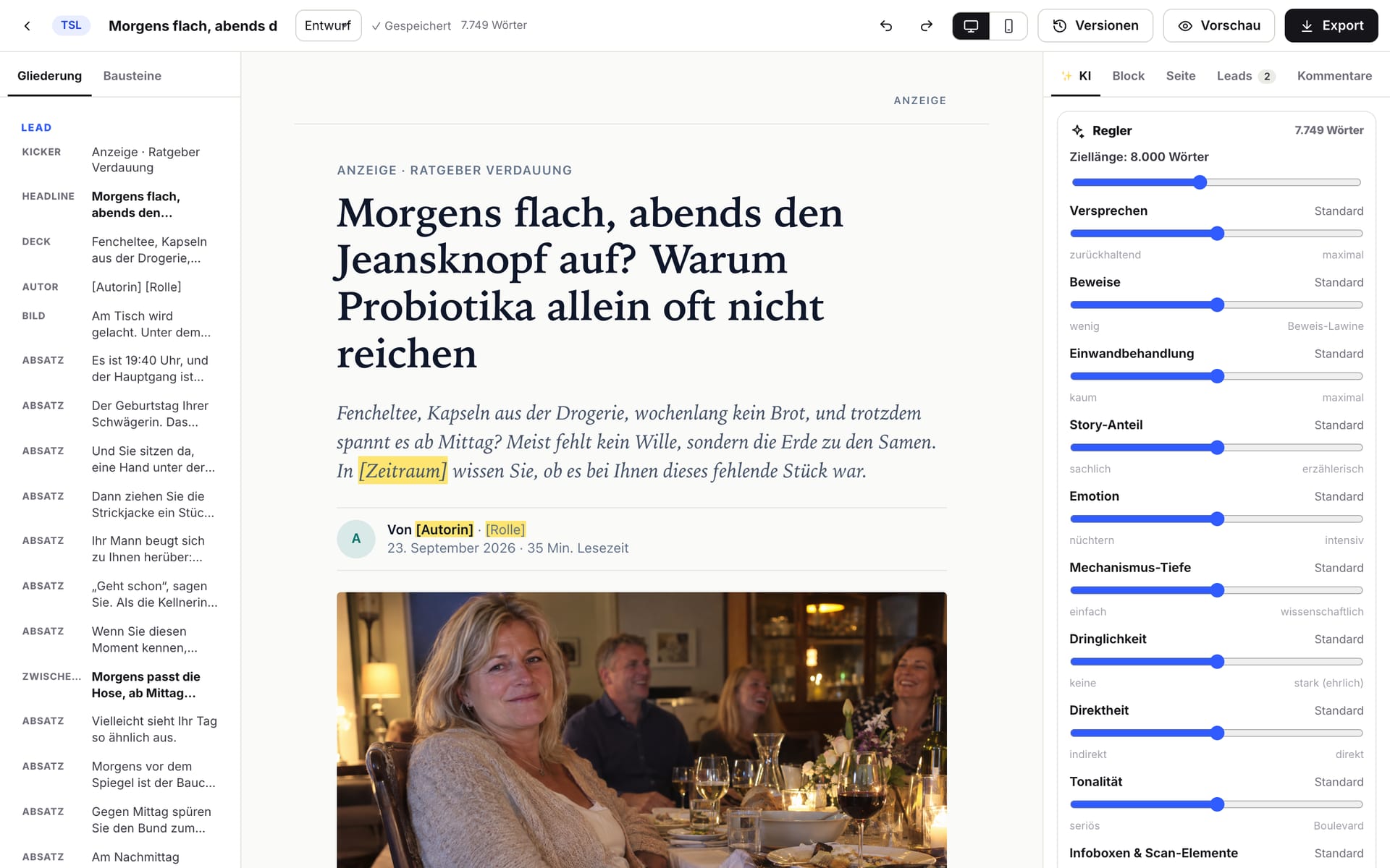 Der Cloudcopy-Editor: links die Gliederung einer TSL, in der Mitte die Seite, rechts die Regler für Länge, Versprechen, Beweise und Einwände.