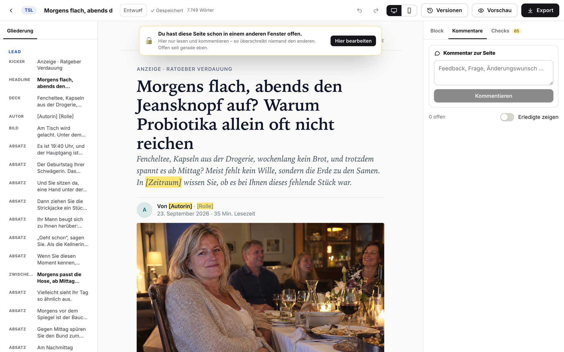 Hinweis im Editor: Die Seite ist gerade in einem anderen Fenster geöffnet und hier nur lesbar.